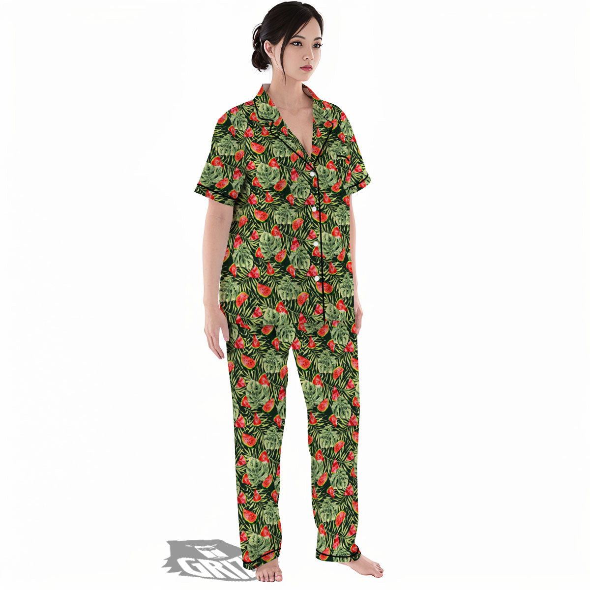 Leaf Palm Watermelon Black Print Pattern Women's Pajamas Set-grizzshop