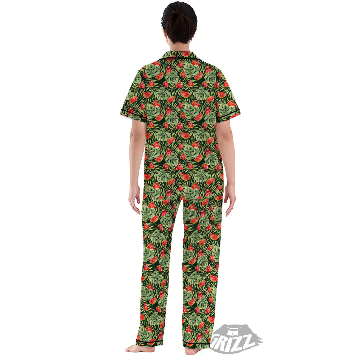 Leaf Palm Watermelon Black Print Pattern Women's Pajamas Set-grizzshop
