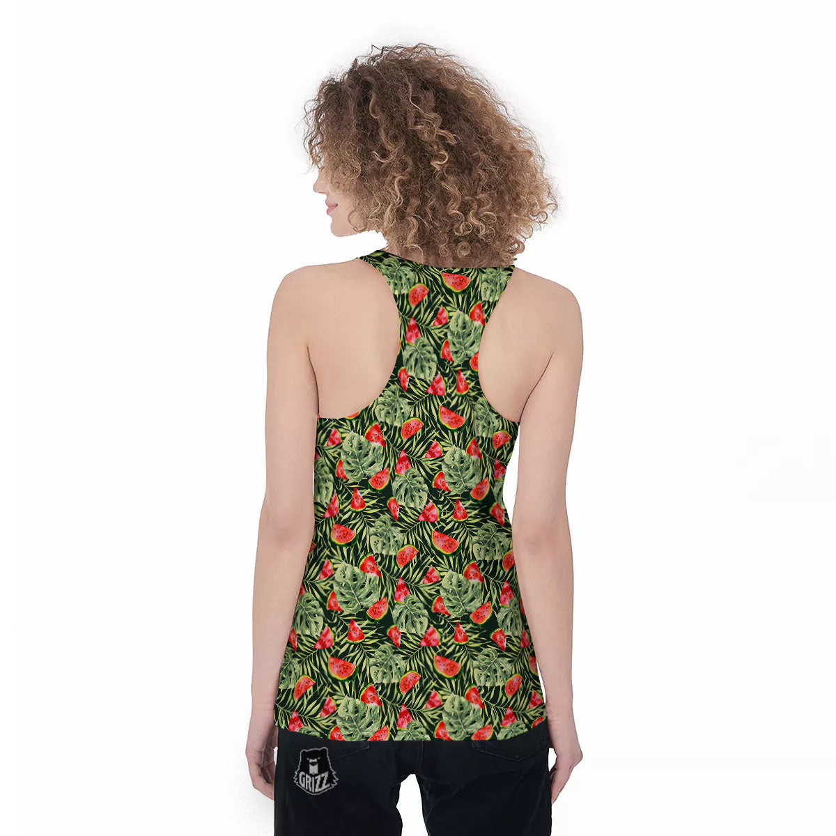 Leaf Palm Watermelon Black Print Pattern Women's Racerback Tank Top-grizzshop