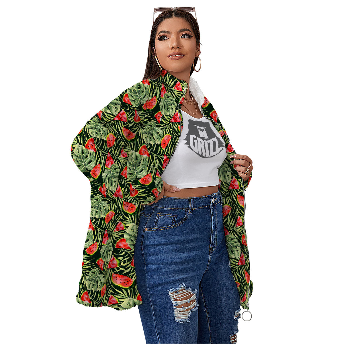 Leaf Palm Watermelon Black Print Pattern Women's Sherpa Jacket-grizzshop