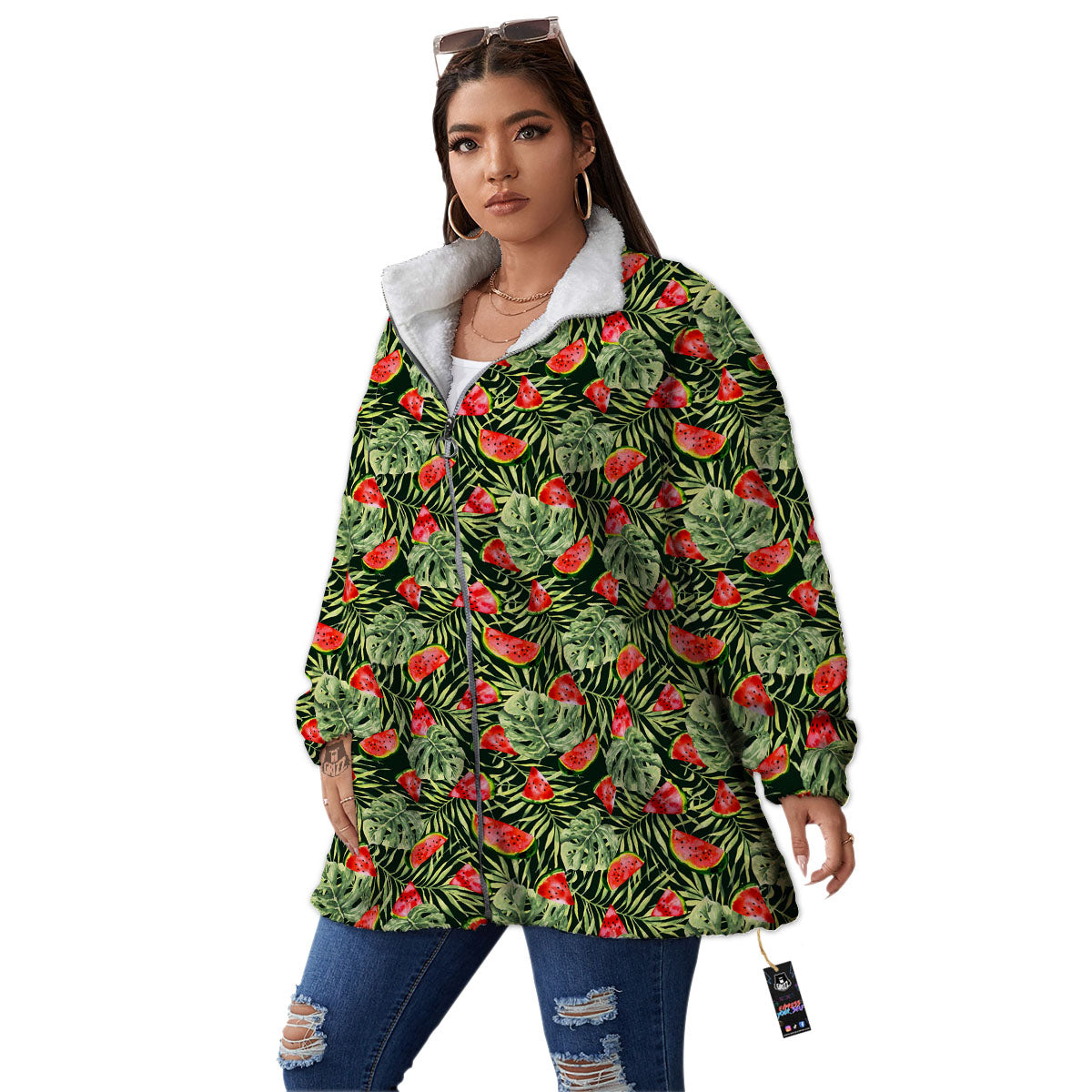 Leaf Palm Watermelon Black Print Pattern Women's Sherpa Jacket-grizzshop