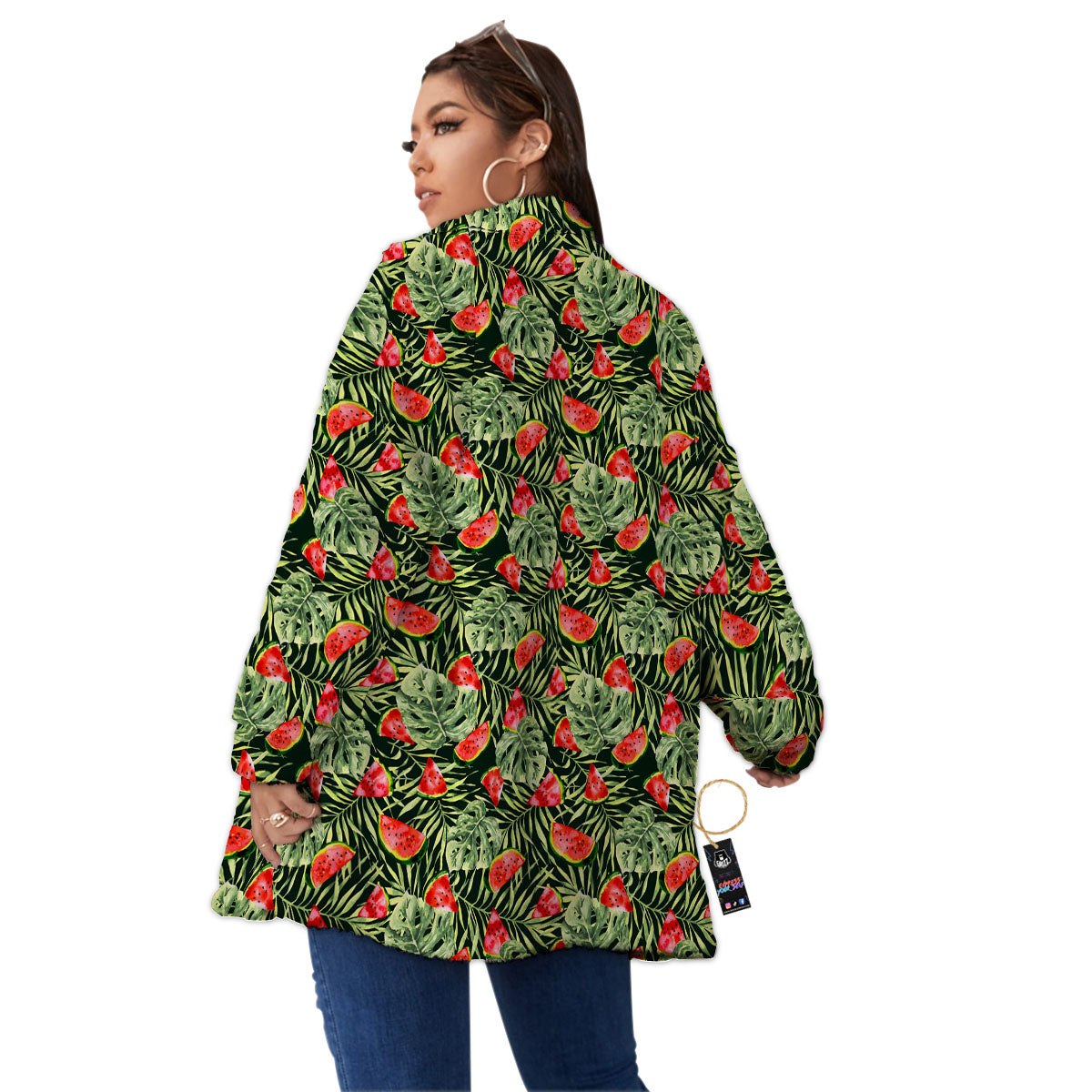 Leaf Palm Watermelon Black Print Pattern Women's Sherpa Jacket-grizzshop