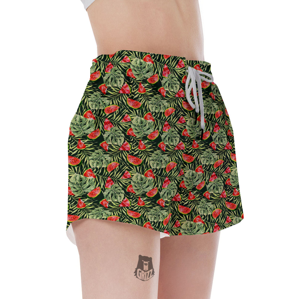 Leaf Palm Watermelon Black Print Pattern Women's Shorts-grizzshop