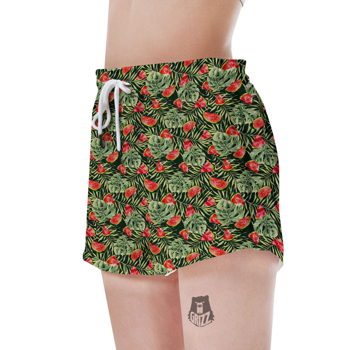 Leaf Palm Watermelon Black Print Pattern Women's Shorts-grizzshop