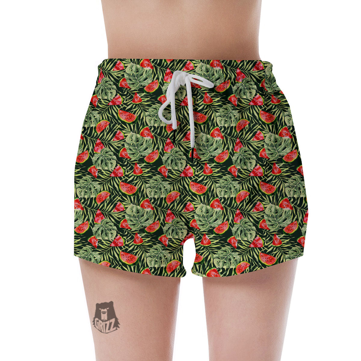 Leaf Palm Watermelon Black Print Pattern Women's Shorts-grizzshop