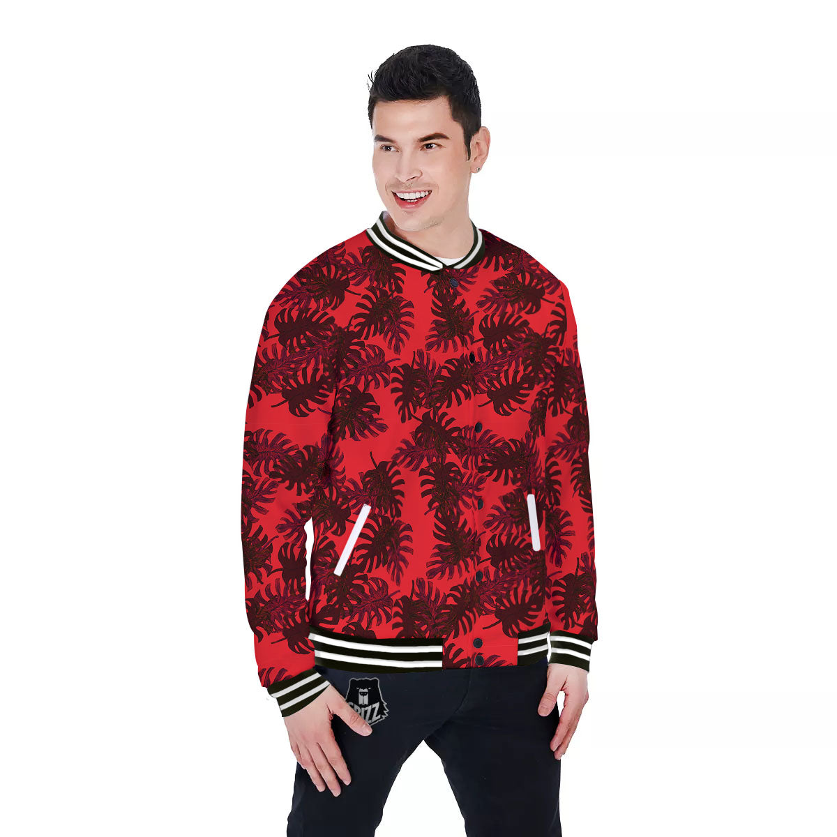 Leaf Red Print Pattern Baseball Jacket-grizzshop