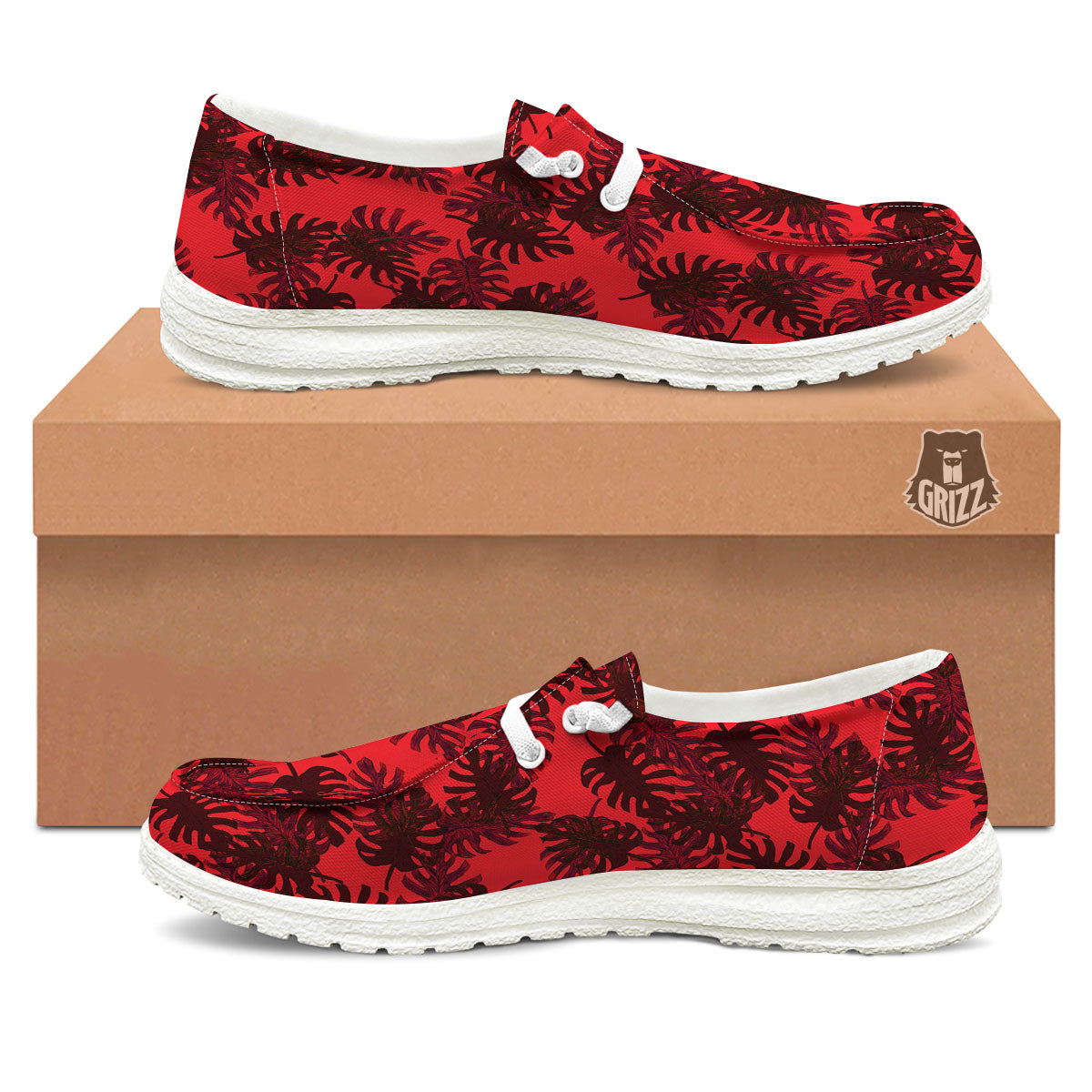 Leaf Red Print Pattern Black Loafers-grizzshop