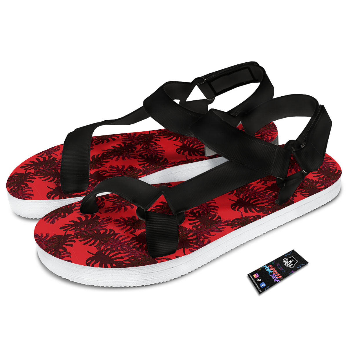Leaf Red Print Pattern Black Open Toe Sandals-grizzshop