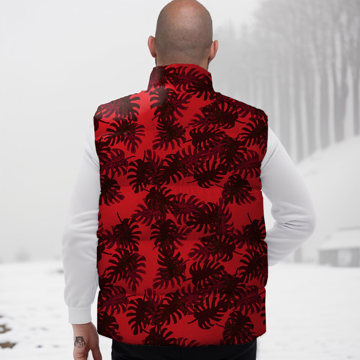 Leaf Red Print Pattern Down Vest