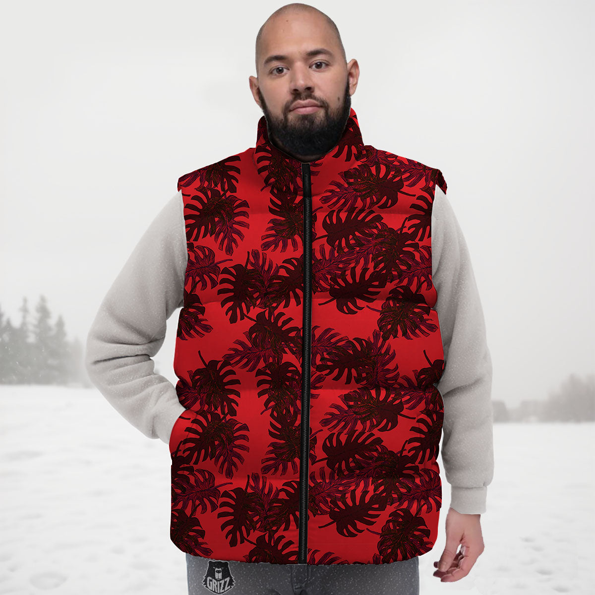 Leaf Red Print Pattern Down Vest