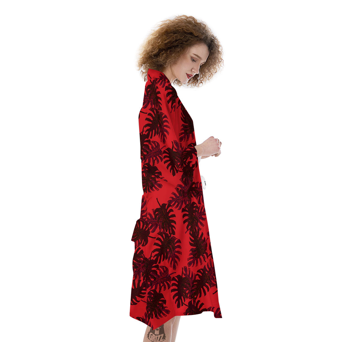 Leaf Red Print Pattern Kimono-grizzshop