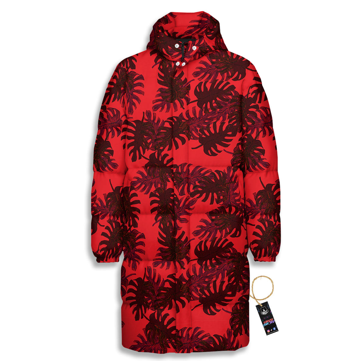 Leaf Red Print Pattern Long Down Jacket-grizzshop