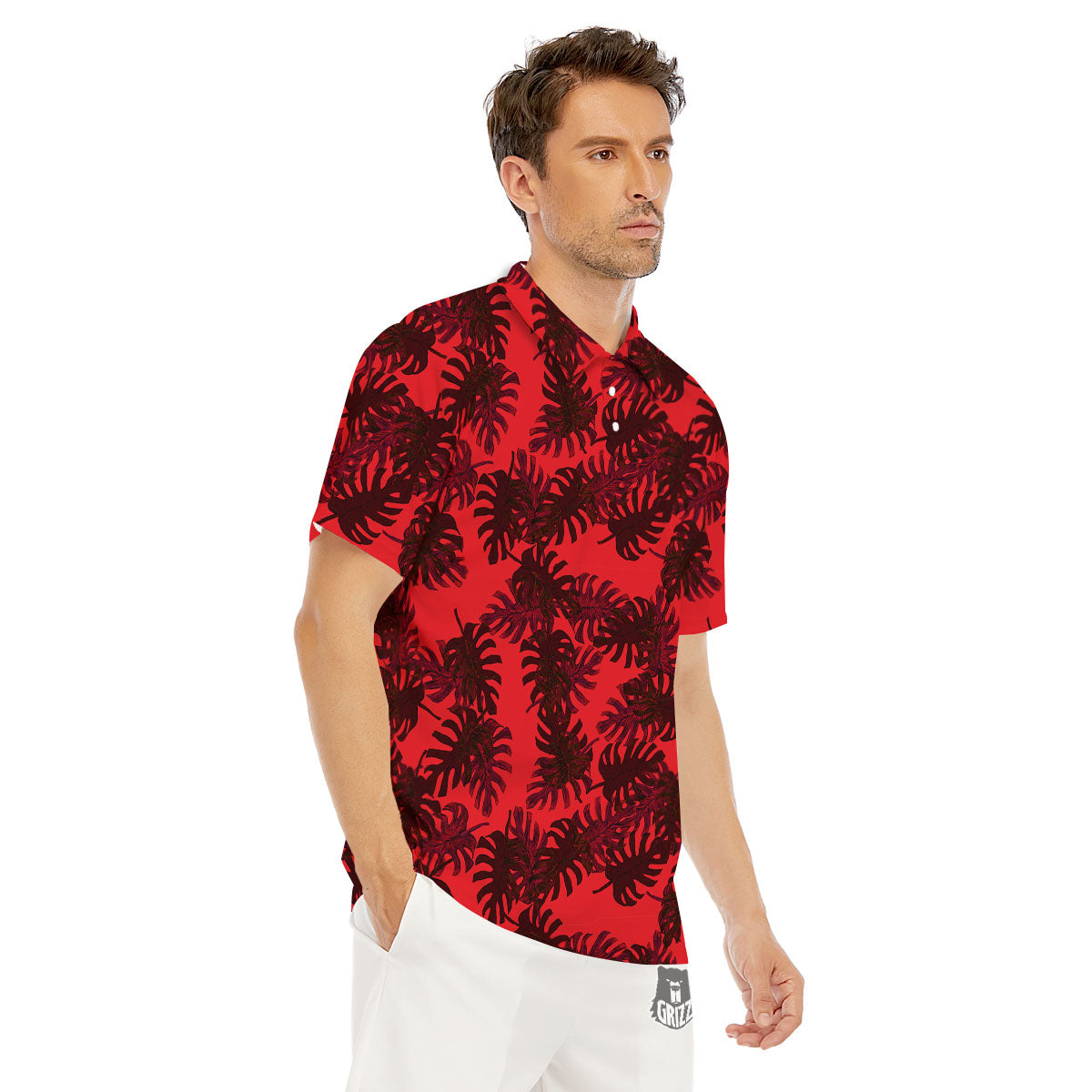 Leaf Red Print Pattern Men's Golf Shirts-grizzshop