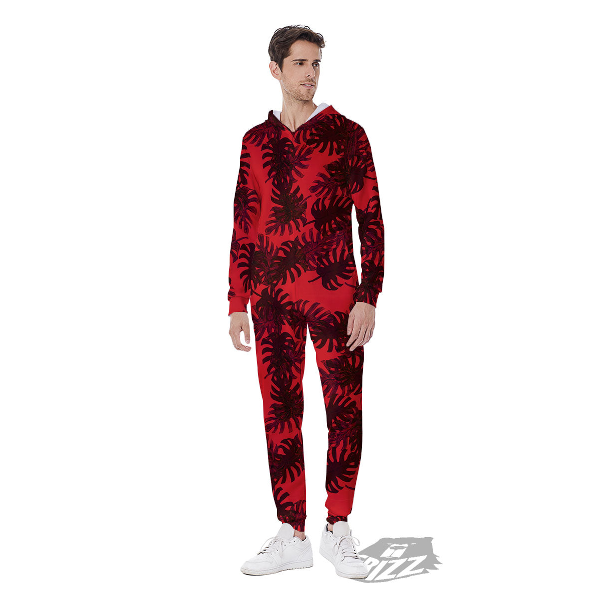 Leaf Red Print Pattern Men's Jumpsuit-grizzshop