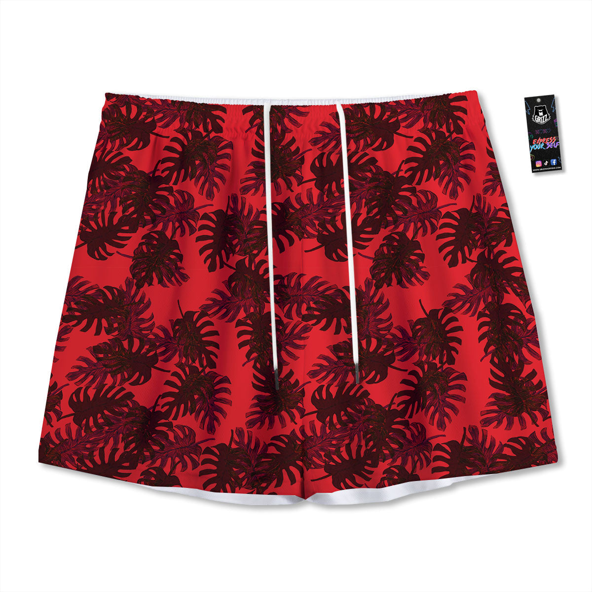 Leaf Red Print Pattern Mesh Shorts