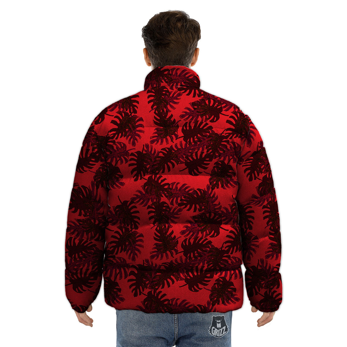 Leaf Red Print Pattern Puffer Jacket-grizzshop