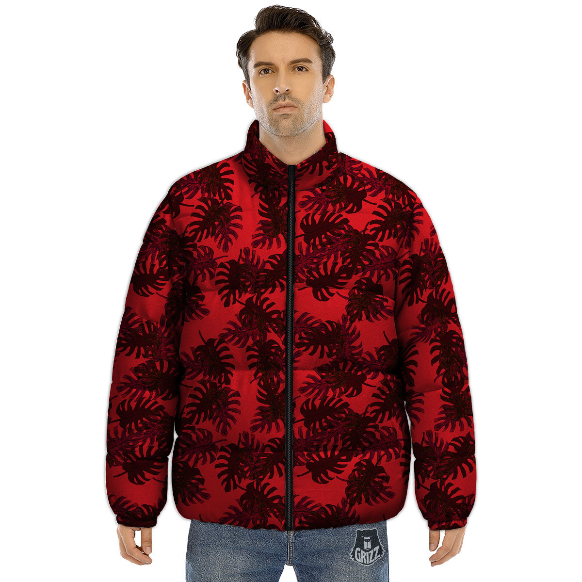 Leaf Red Print Pattern Puffer Jacket-grizzshop