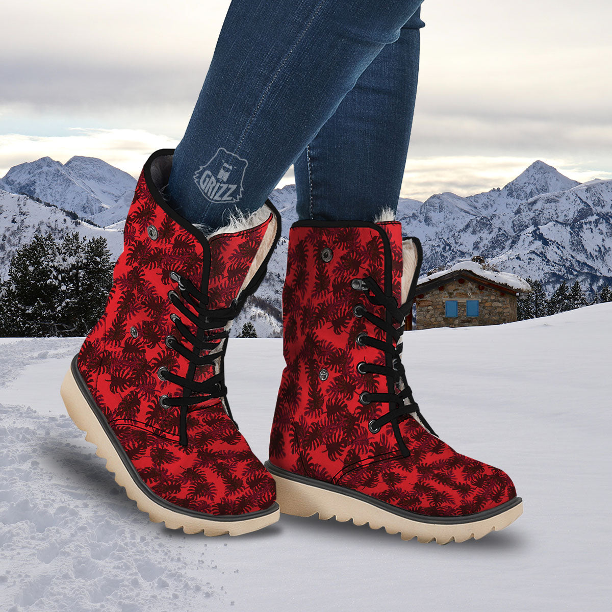 Leaf Red Print Pattern Snow Boots-grizzshop