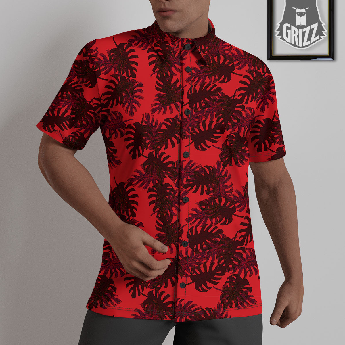 Leaf Red Print Pattern Untucked Shirts-grizzshop