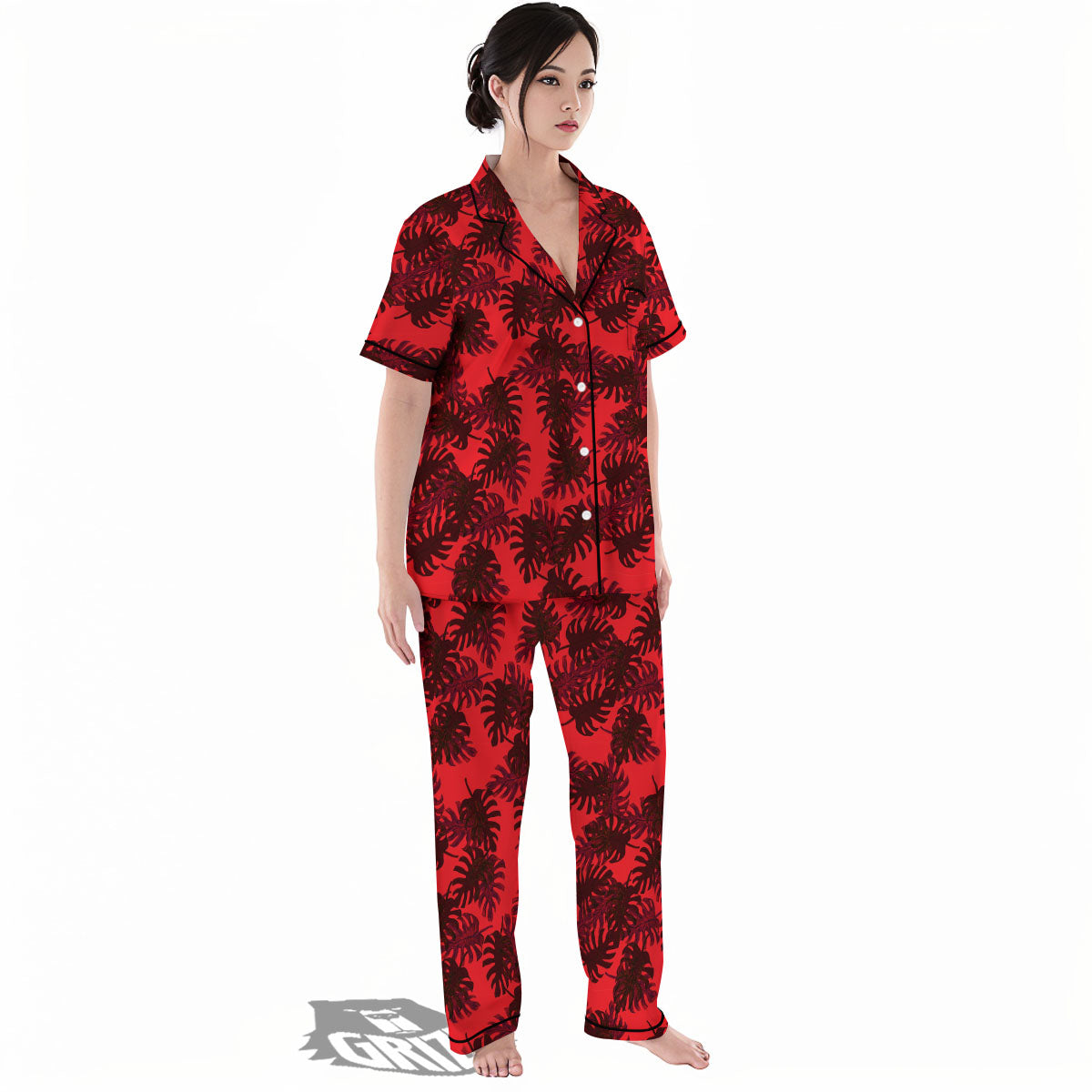 Leaf Red Print Pattern Women's Pajamas Set-grizzshop