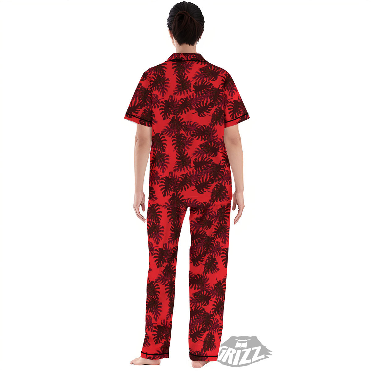 Leaf Red Print Pattern Women's Pajamas Set-grizzshop