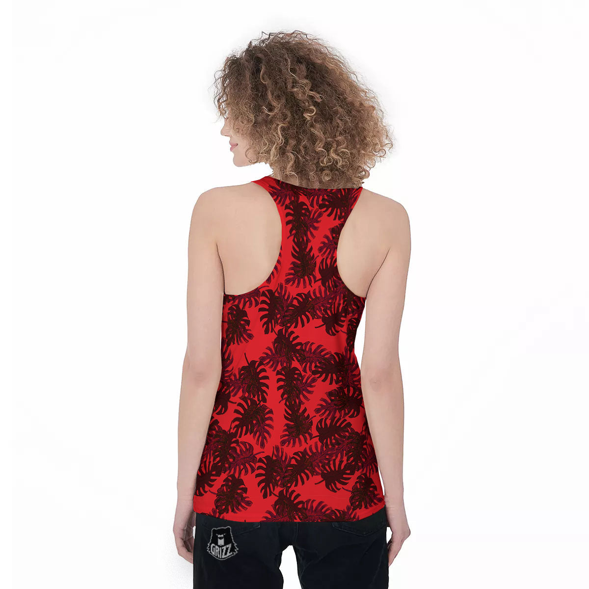 Leaf Red Print Pattern Women's Racerback Tank Top-grizzshop