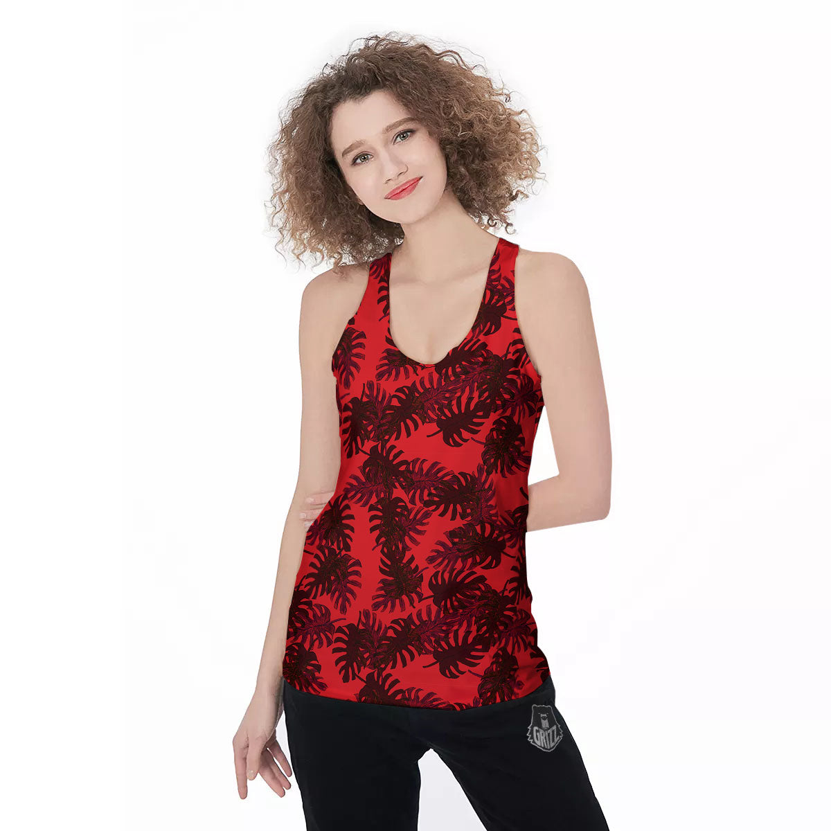Leaf Red Print Pattern Women's Racerback Tank Top-grizzshop
