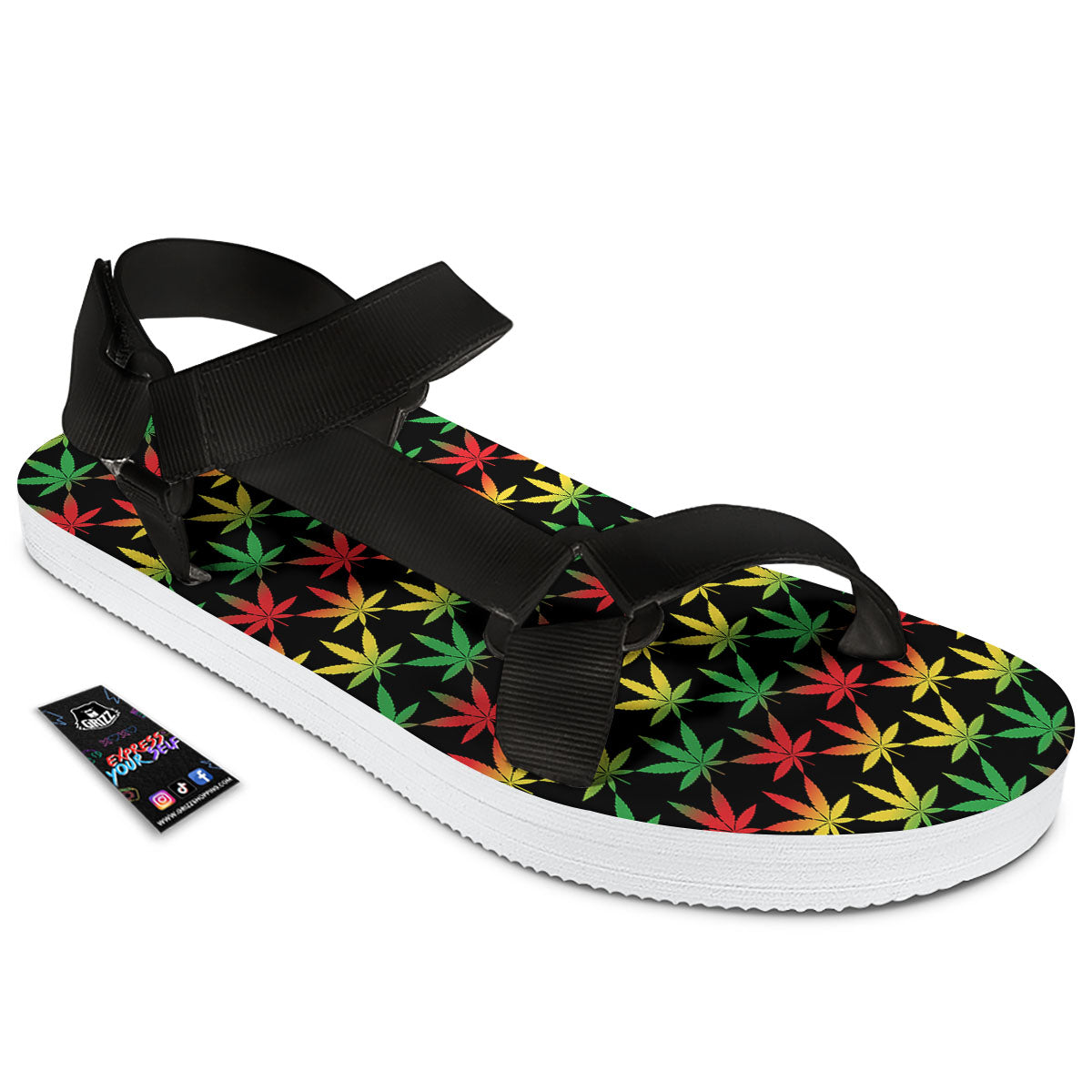 Leaf Reggae Marijuana Print Pattern Black Open Toe Sandals-grizzshop