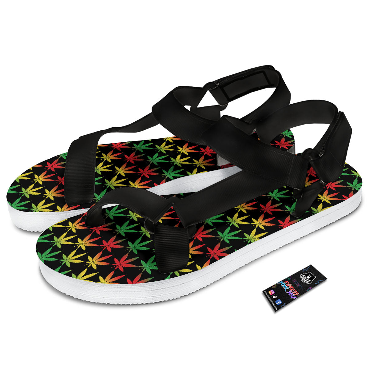 Leaf Reggae Marijuana Print Pattern Black Open Toe Sandals-grizzshop