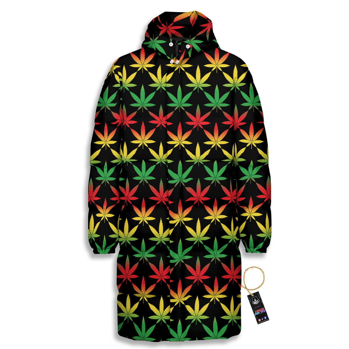 Leaf Reggae Marijuana Print Pattern Long Down Jacket-grizzshop