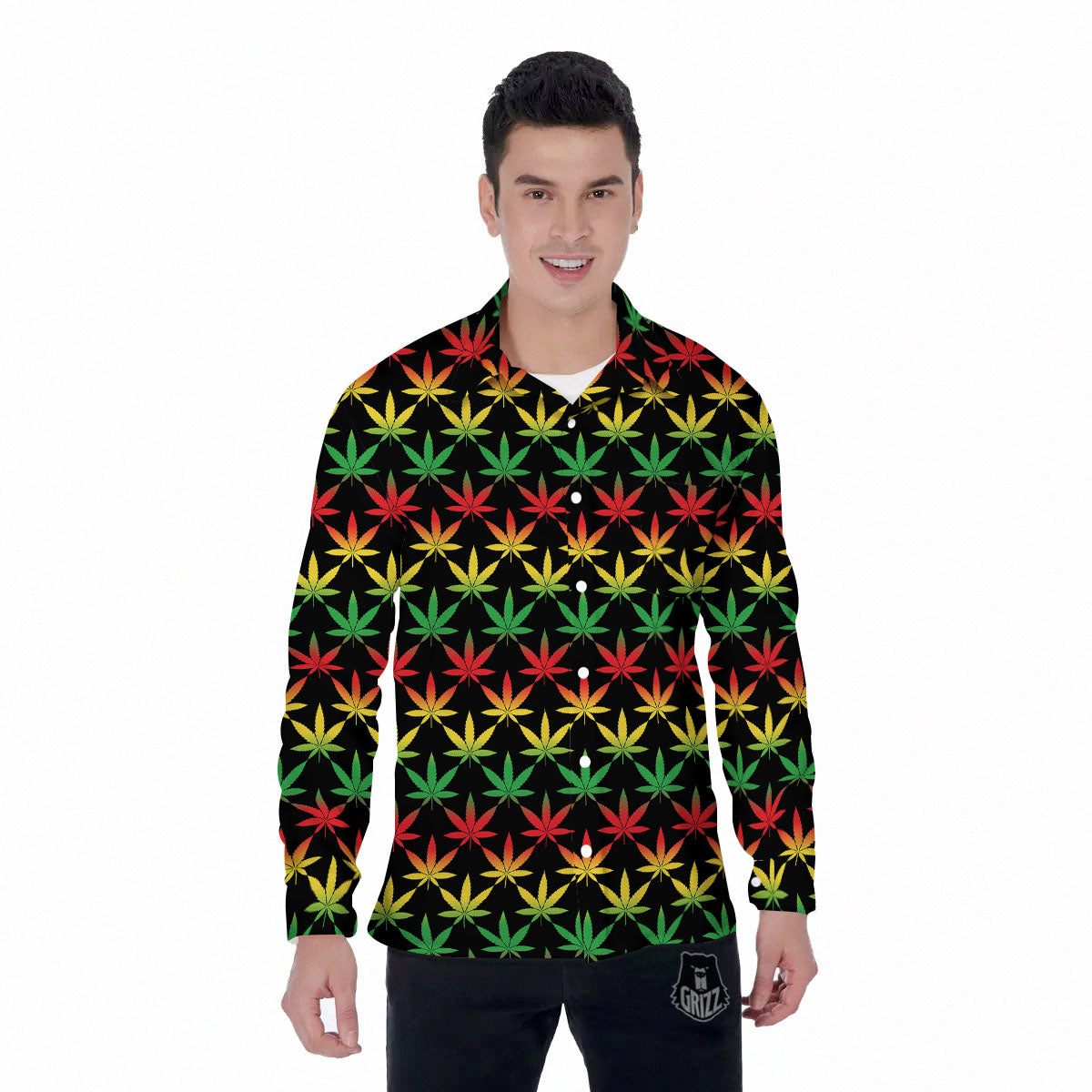 Leaf Reggae Marijuana Print Pattern Men's Long Sleeve Shirts-grizzshop