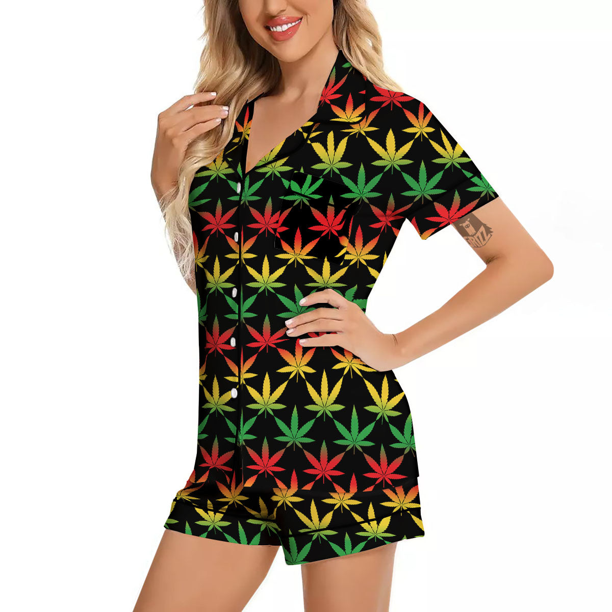 Leaf Reggae Marijuana Print Pattern Women Silk Pajamas-grizzshop