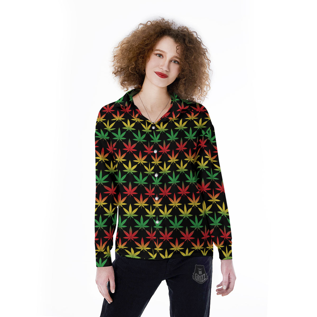 Leaf Reggae Marijuana Print Pattern Women's Long Sleeve Shirts-grizzshop