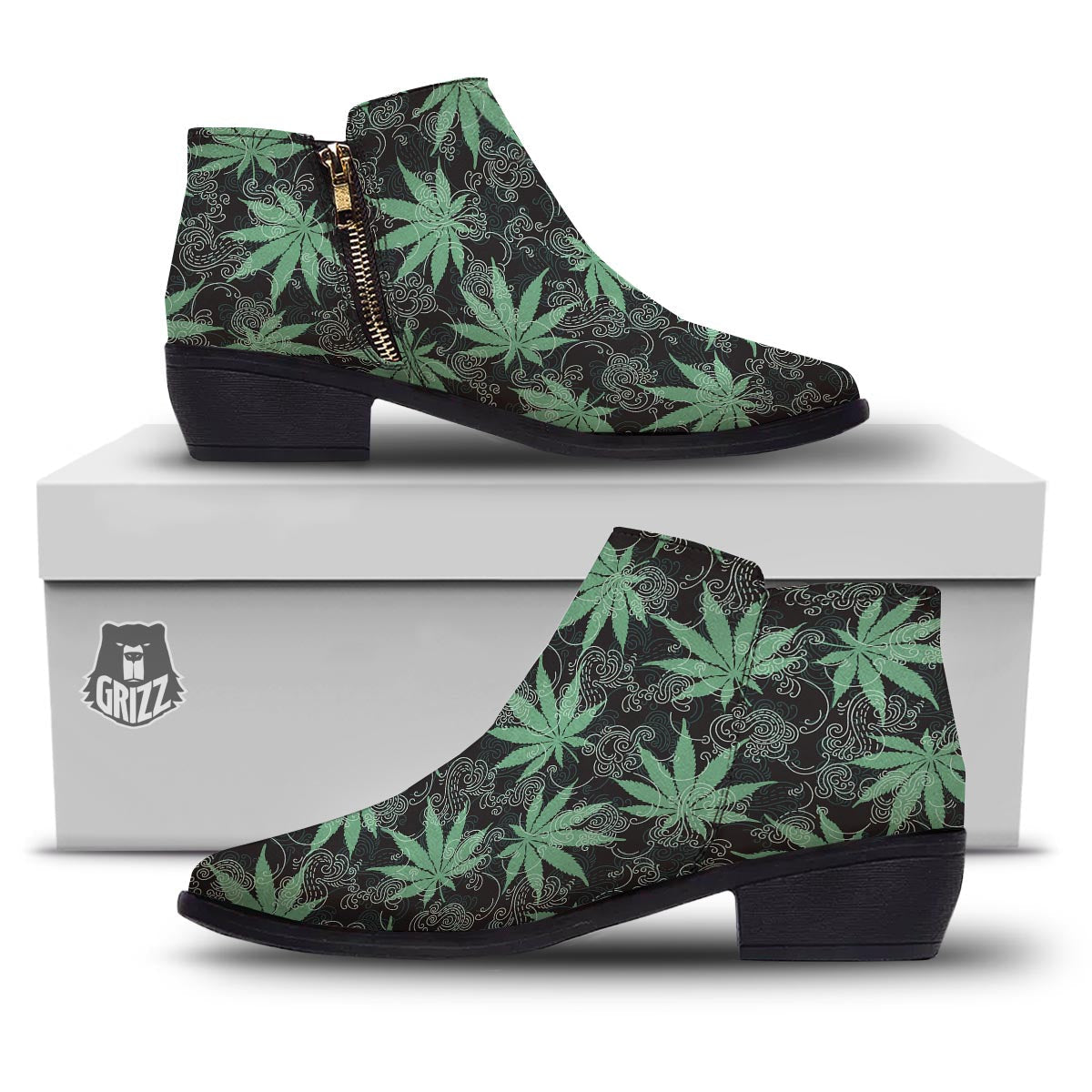 Leaf Swirl Cannabis Print Pattern Ankle Boots-grizzshop