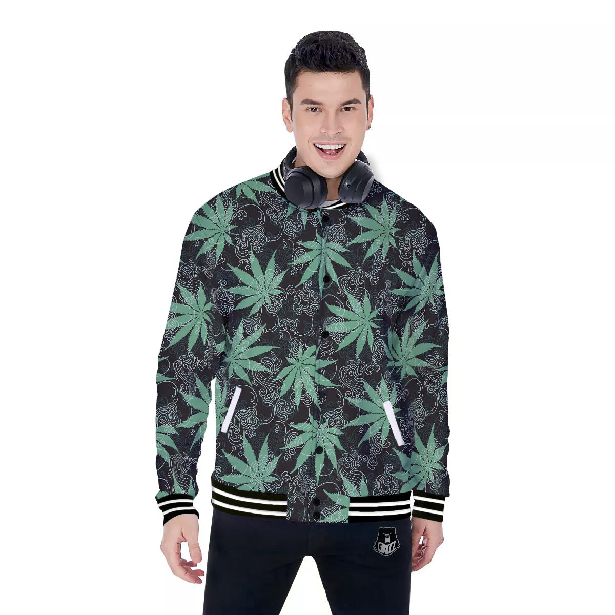 Leaf Swirl Cannabis Print Pattern Baseball Jacket-grizzshop