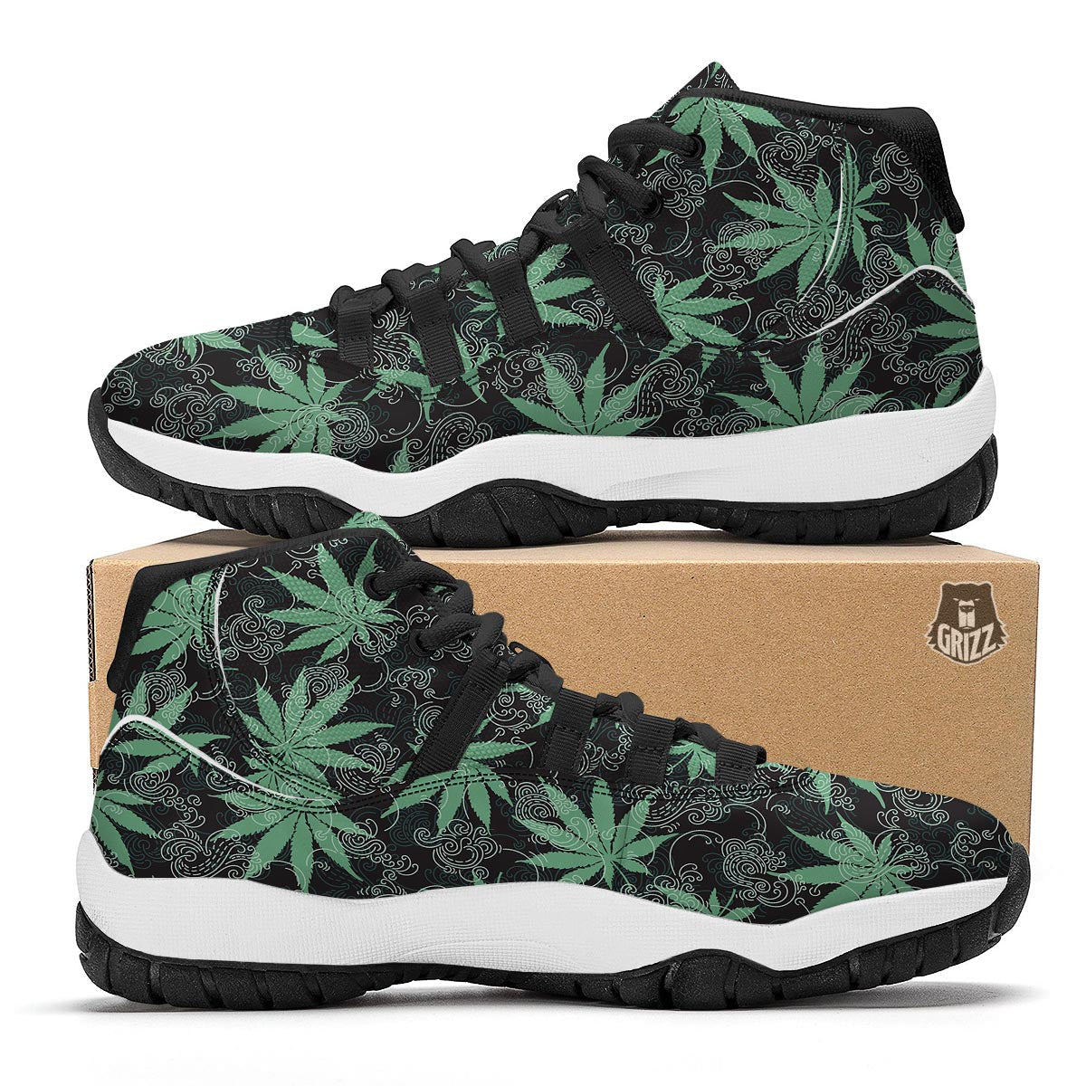 Leaf Swirl Cannabis Print Pattern Black Bball Shoes-grizzshop