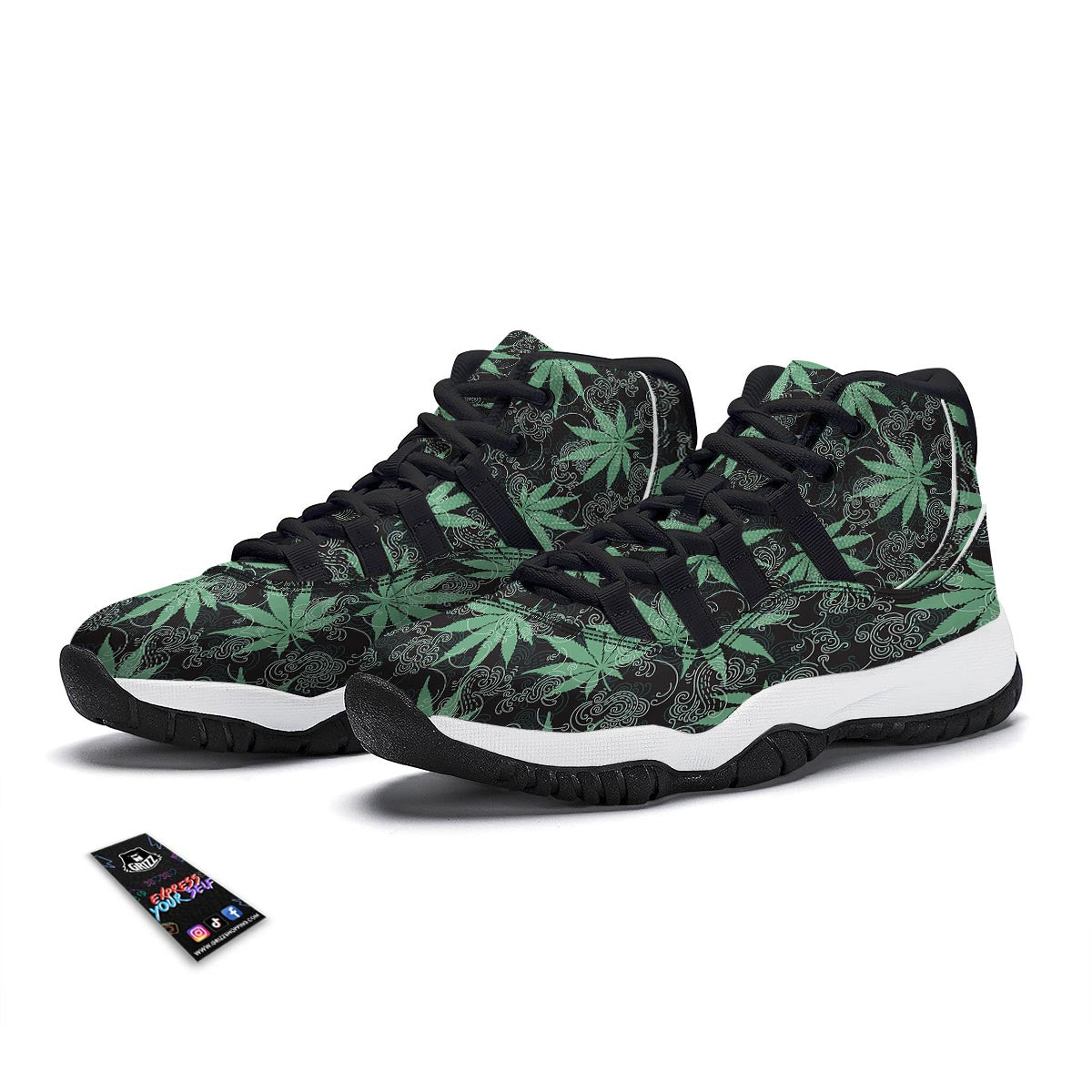 Leaf Swirl Cannabis Print Pattern Black Bball Shoes-grizzshop