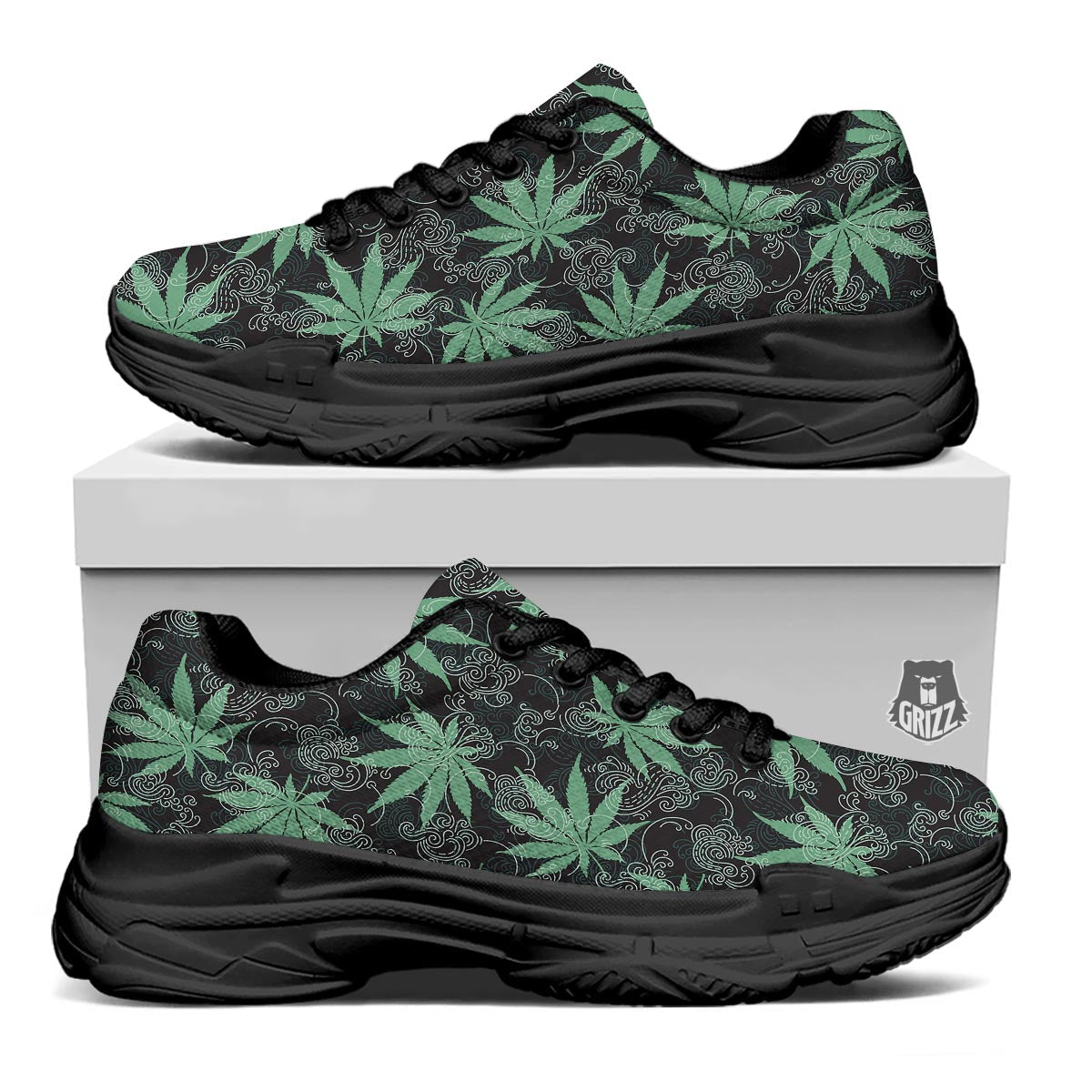 Leaf Swirl Cannabis Print Pattern Black Chunky Shoes-grizzshop