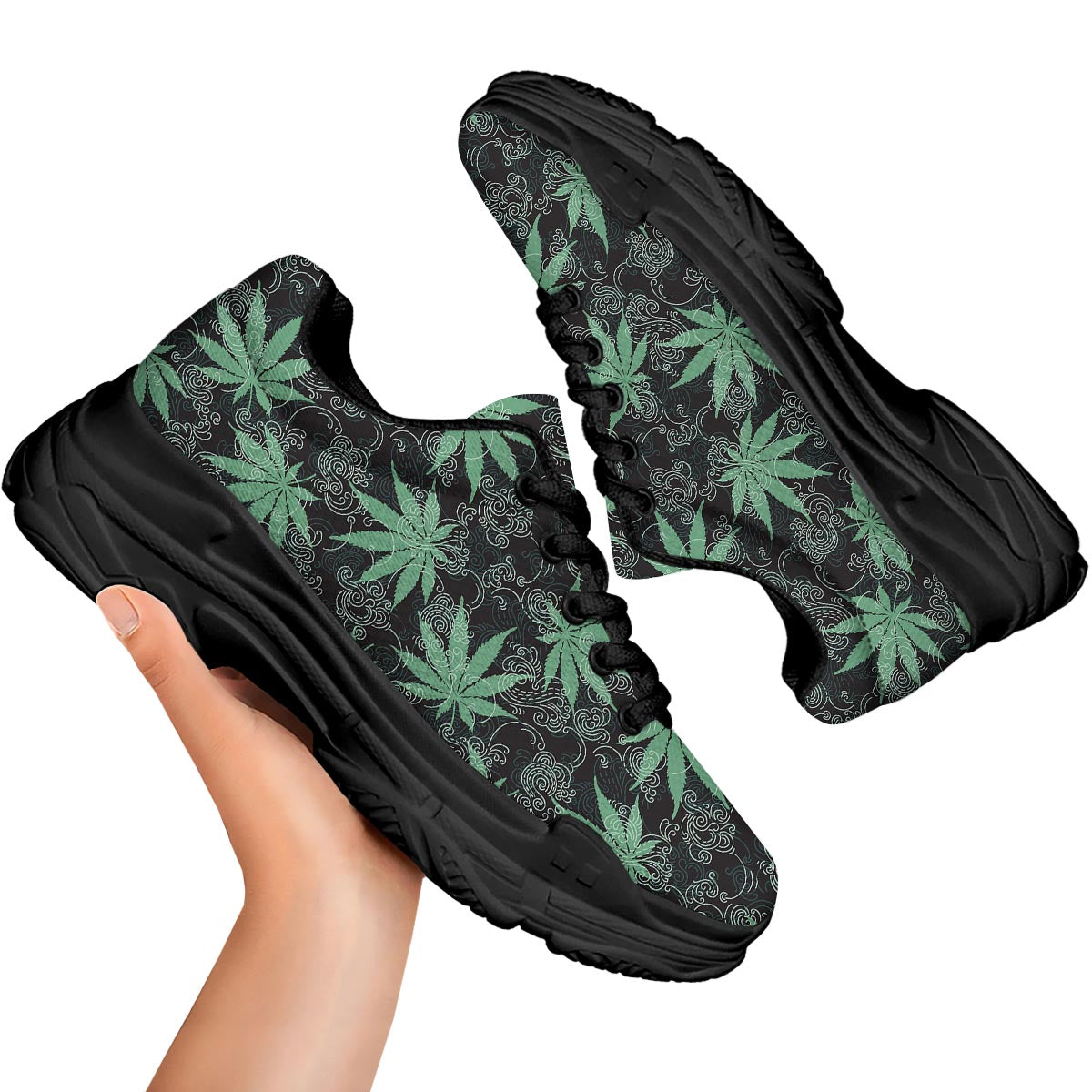 Leaf Swirl Cannabis Print Pattern Black Chunky Shoes-grizzshop
