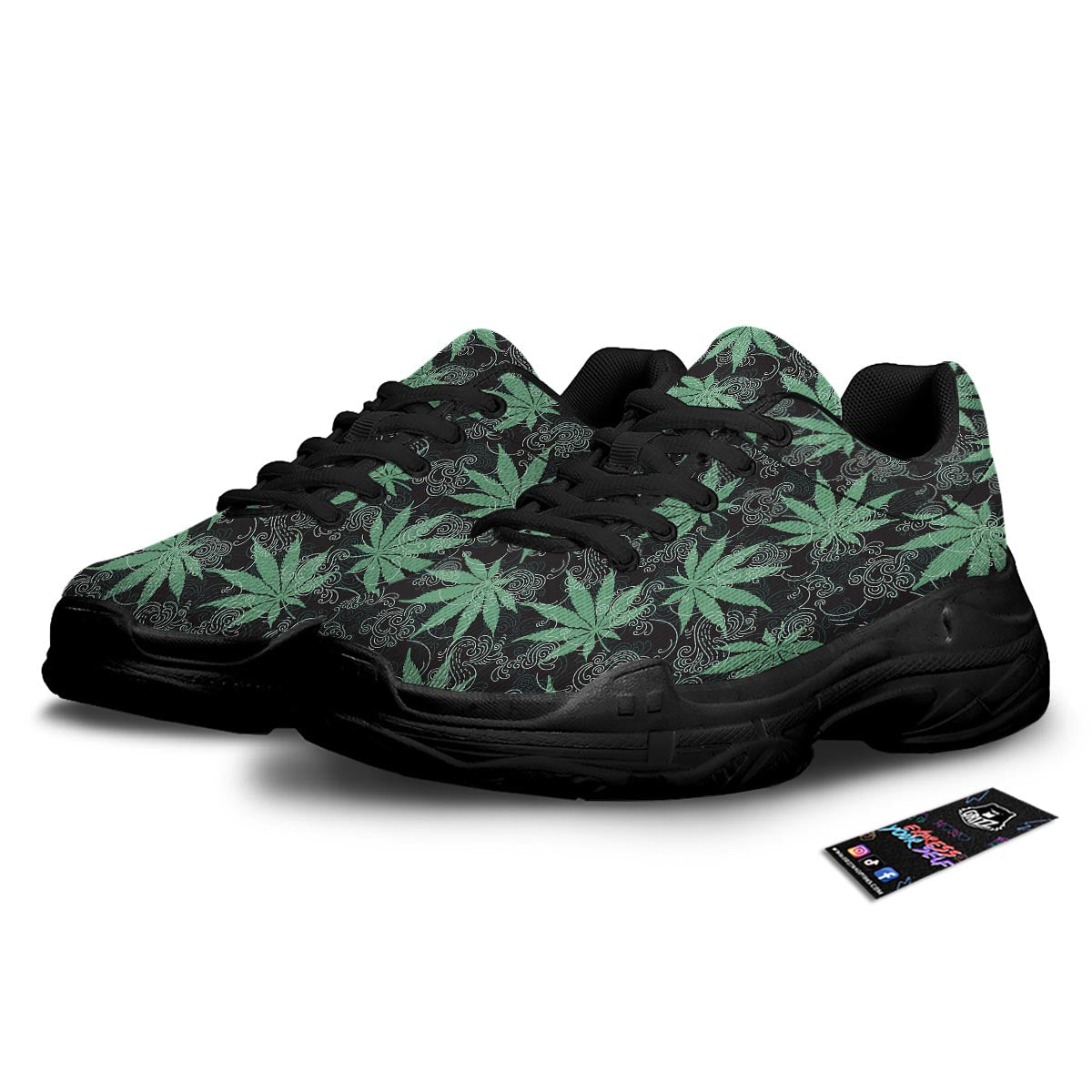 Leaf Swirl Cannabis Print Pattern Black Chunky Shoes-grizzshop