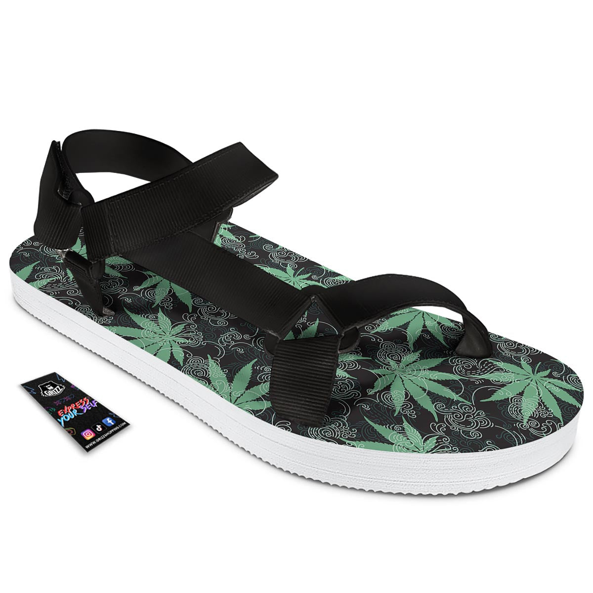Leaf Swirl Cannabis Print Pattern Black Open Toe Sandals-grizzshop