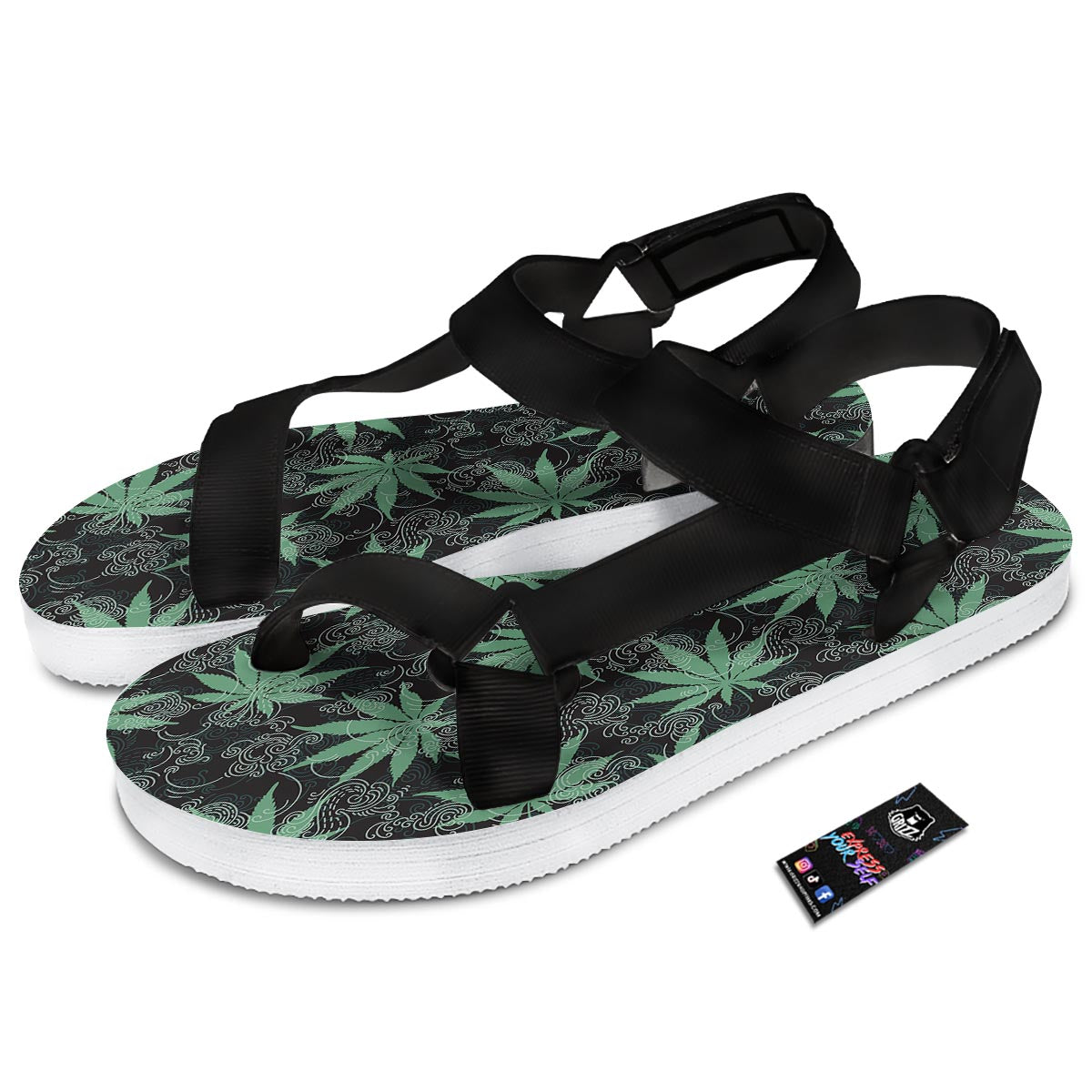 Leaf Swirl Cannabis Print Pattern Black Open Toe Sandals-grizzshop