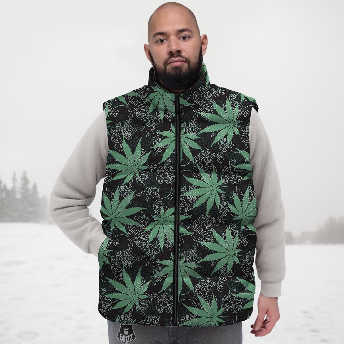 Leaf Swirl Cannabis Print Pattern Down Vest