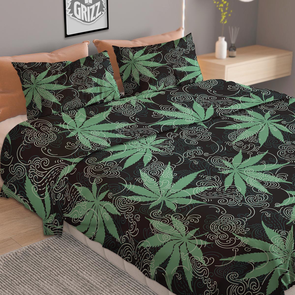 Leaf Swirl Cannabis Print Pattern Duvet Cover Bedding Set