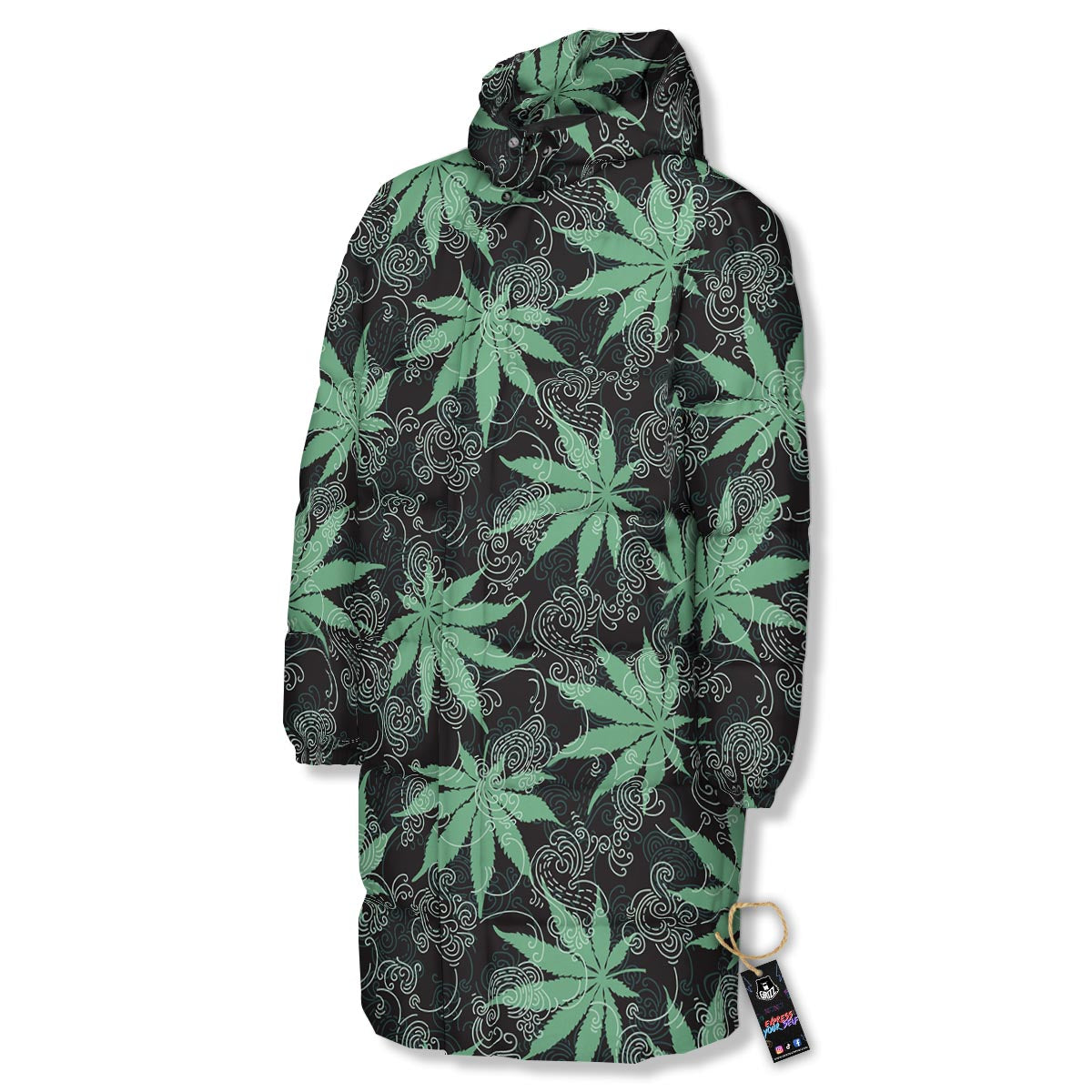 Leaf Swirl Cannabis Print Pattern Long Down Jacket-grizzshop