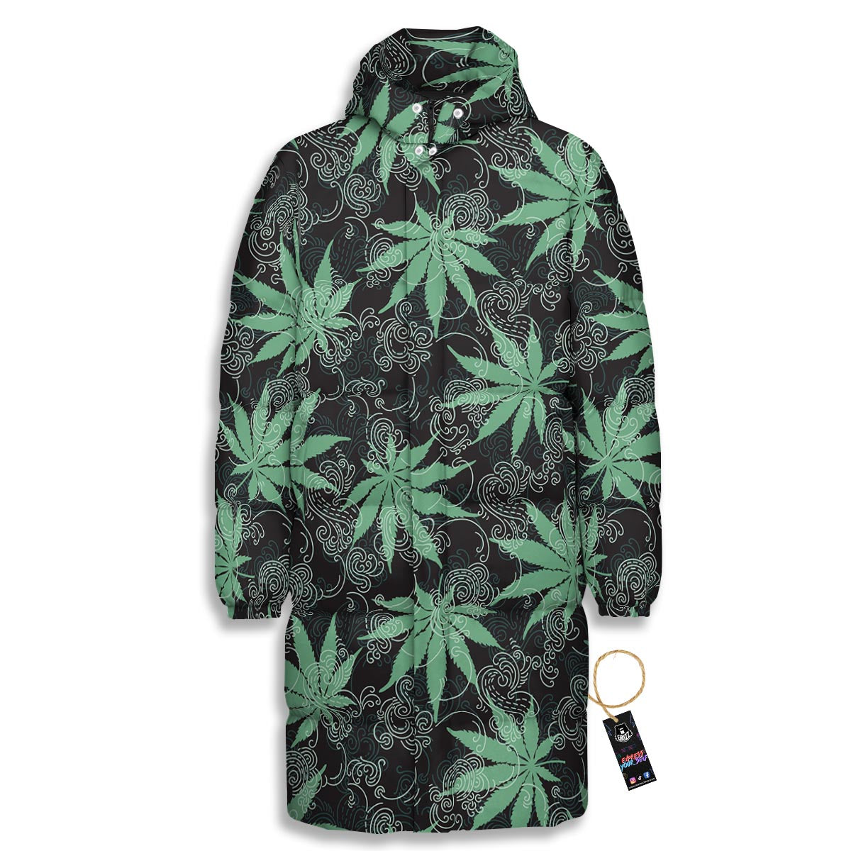Leaf Swirl Cannabis Print Pattern Long Down Jacket-grizzshop