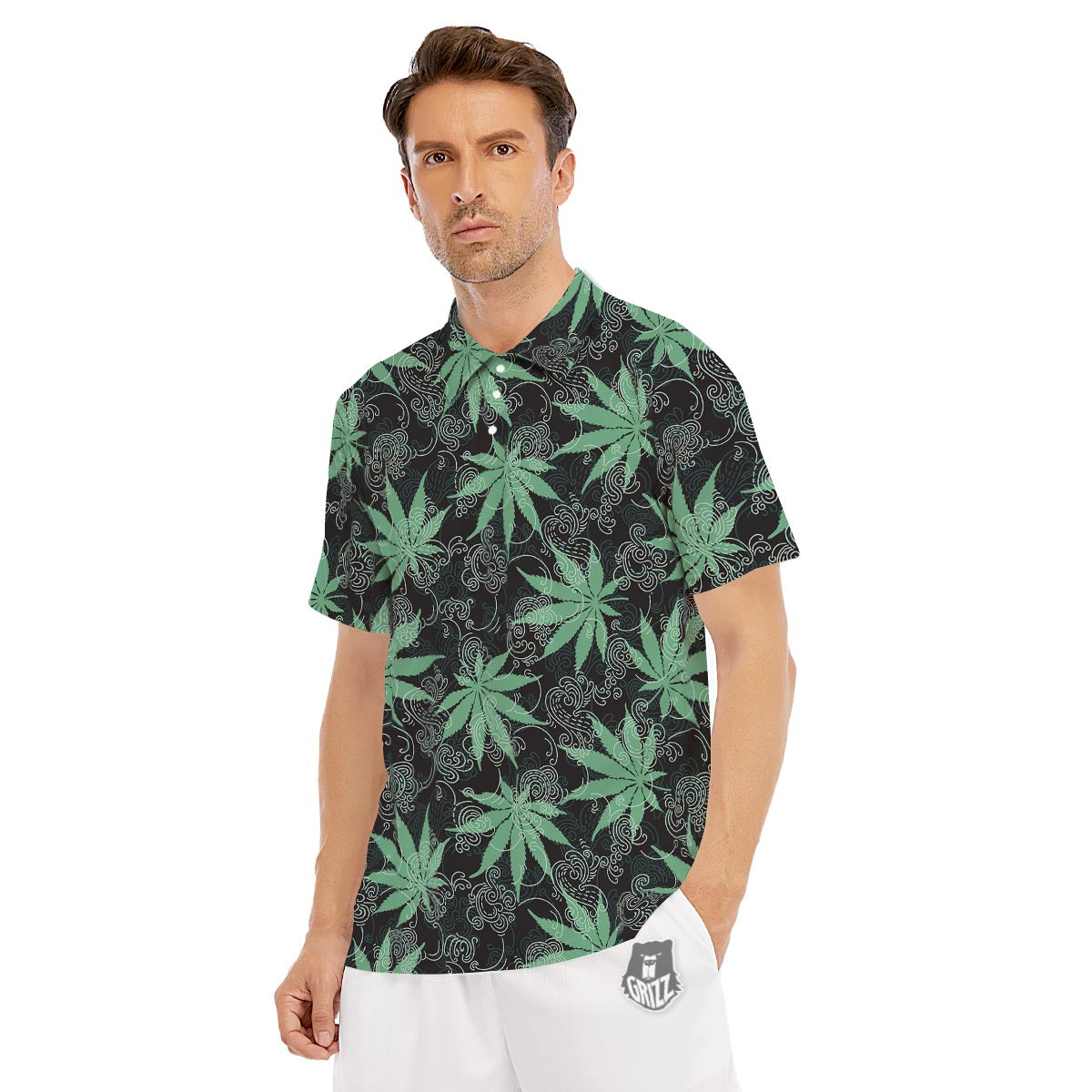 Leaf Swirl Cannabis Print Pattern Men's Golf Shirts-grizzshop
