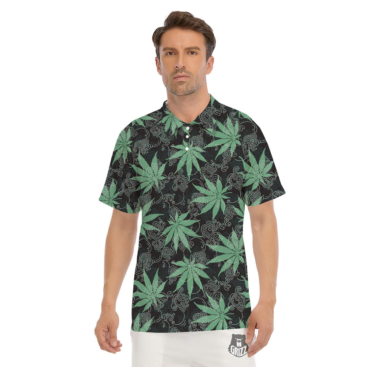 Leaf Swirl Cannabis Print Pattern Men's Golf Shirts-grizzshop