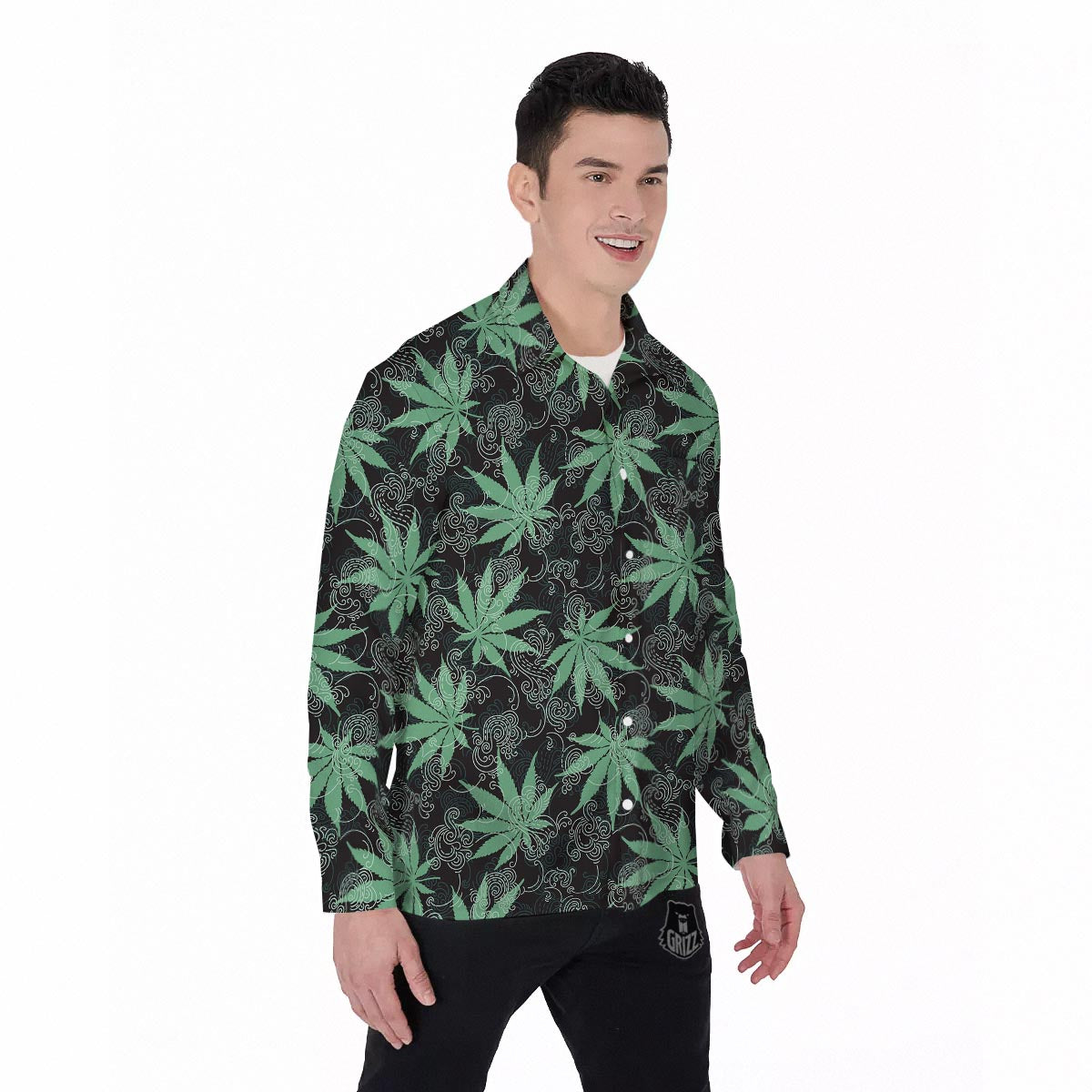 Leaf Swirl Cannabis Print Pattern Men's Long Sleeve Shirts-grizzshop