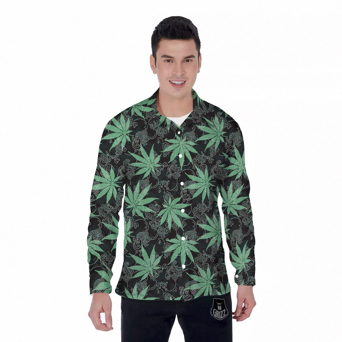 Leaf Swirl Cannabis Print Pattern Men's Long Sleeve Shirts-grizzshop